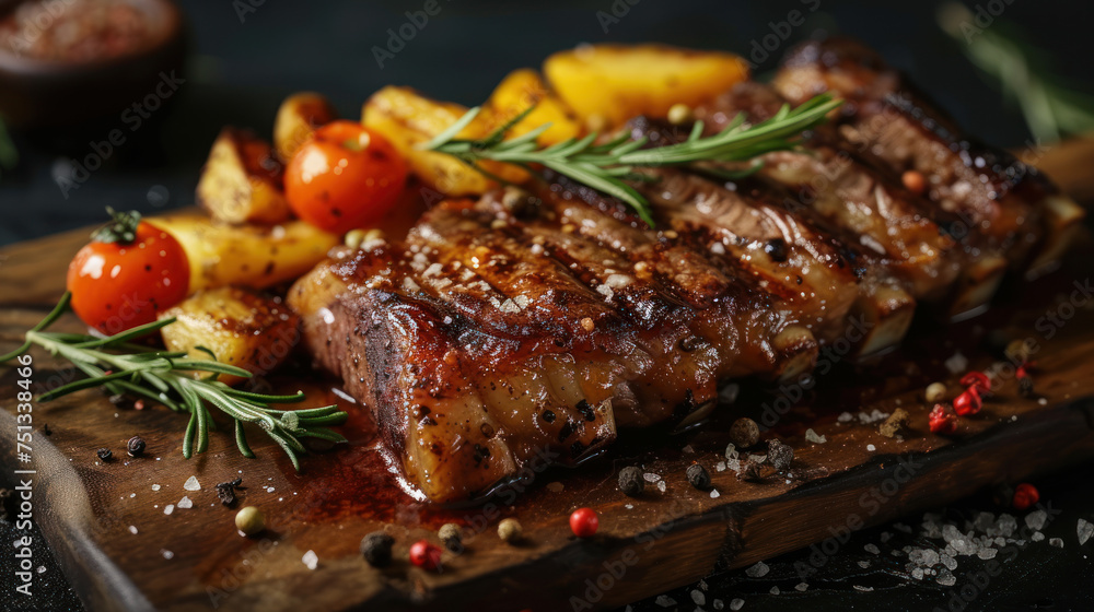 Savor the rich flavors of a perfectly grilled steak, seasoned with a blend of spices and pepper, garnished with fresh herbs for a juicy, roasted delight