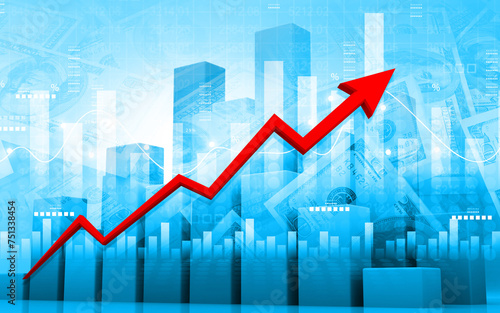 Moving business arrow shows  Stock market growth.  Stock trading graph and candlestick  chart. 3d illustration.