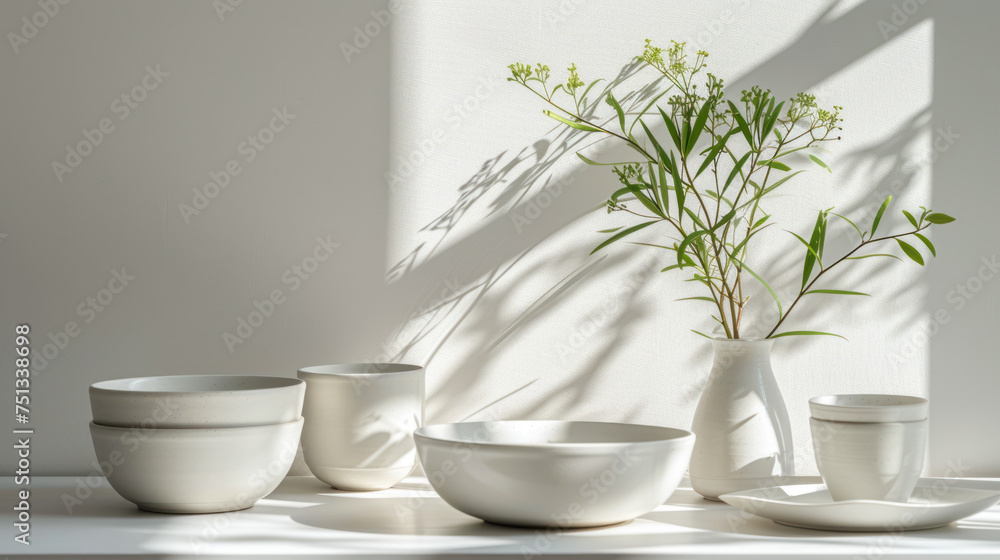 Ceramic tableware and a vase bask in natural sunlight, creating serene shadows on a white backdrop