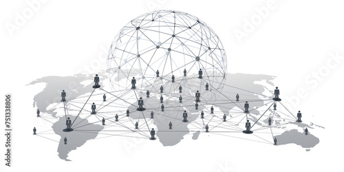 Black and White Networks, Business or Social Media Connections Concept Design with Grey World Map and 3D Polygonal Mesh on Isolated White Background - Businessman Figures Connected with Polygonal Mesh