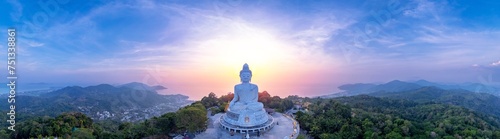 Canvas Print Panorama aerial view Big Buddha statue on Phuket Thailand sunset light by drone