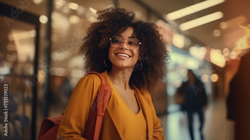smiling african american woman shopping in mall