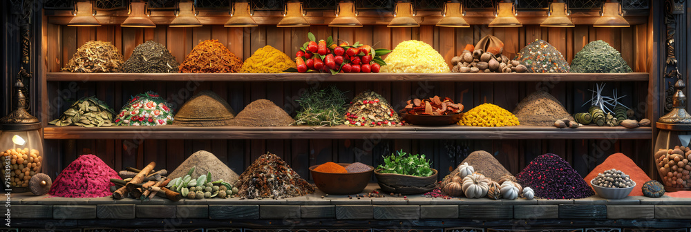 Variety of exotic spices and fresh herbs displayed on a market shelf. Culinary ingredients in a traditional eastern market. Panoramic view for design and print with ample copy space. Variety of exotic spices and fresh herbs displayed on a market shelf. Culinary ingredients in a traditional eastern market. Panoramic view for design and print with ample copy space.