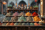 Assorted spices and herbs on traditional market stall. Design for culinary themes, cooking ingredients, and food culture concept with focus on detail and texture.