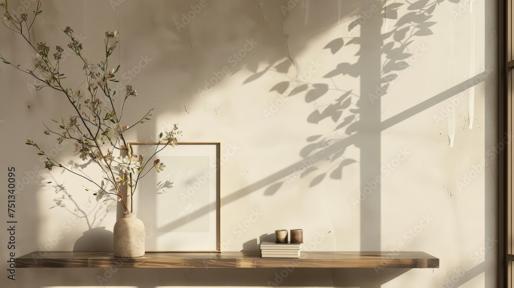 Model with wooden shelves and photo frames on the wall in industrial style. Botanical abstract, black and beige, inspired by the city. Delicate painterly touch, shaped canvas Model with wooden shelves and photo frames on the wall in industrial style. Botanical abstract, black and beige, inspired by the city. Delicate painterly touch, shaped canvas