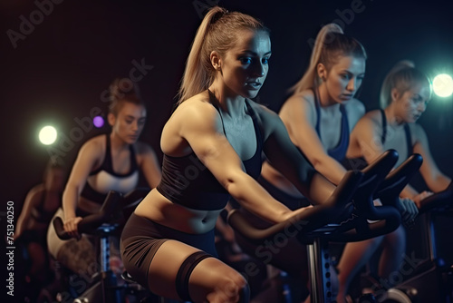 young women riding stationary bikes in cycling class. a dark room. Created with AI