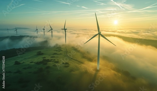Aerial view of wind turbines standing on a misty hill with fog in the background