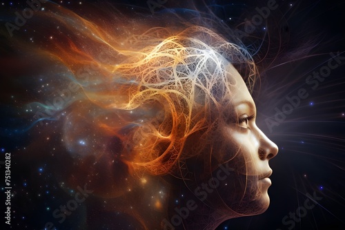 various vibrational frequencies of energy, Woman facing spirituality Waves of energy, An image of a lady in profile whose skin and hair are made of luminous digital particles, signifying the fusion 