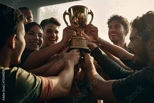 team in the locker room holding the trophy cup for winning. Created with AI