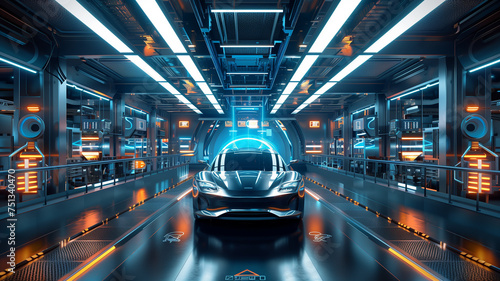 Automated robotics futuristic electric car production factory with production and efficiency statistics