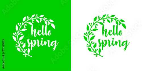 Logo con texto manuscrito hello spring con silueta de corona de bayas y hojas para tarjetas y felicitaciones photo
