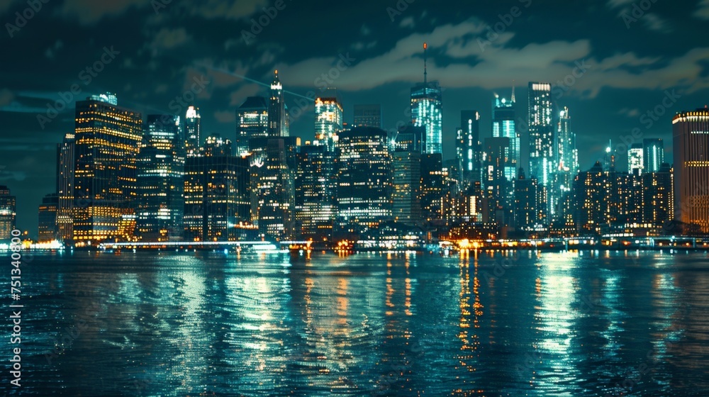 Fototapeta premium Night view of New York City, buildings are large, distant view