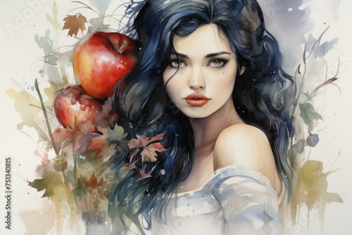 Snow-white princess apple watercolor. Fashion portrait. Generate Ai