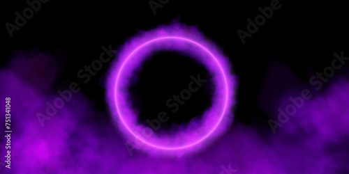 Magical geometric circle neon portal shrouded in light smoke. Round glowing frame, futuristic teleporter. light effect. Bright lights illuminate a night scene on a black background. Runway light effec