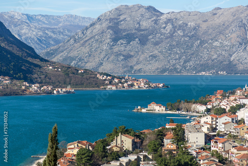 Coastal view on a sunny winter day on the Bay of Kotor  Montenegro