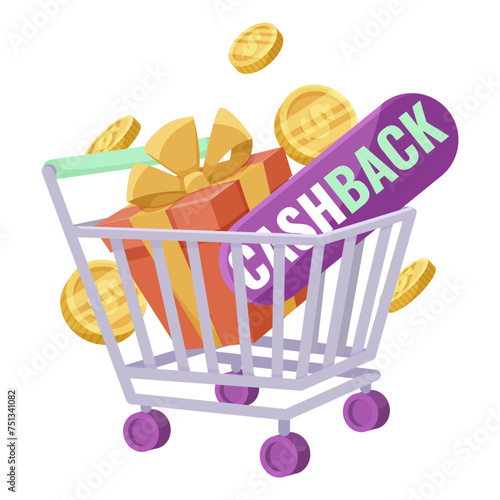 A shopping cart full of gold coins and purple sign that says Cashback. Concept of shopping cart filled with valuable items and opportunity to receive reward for making purchase. Vector illustration