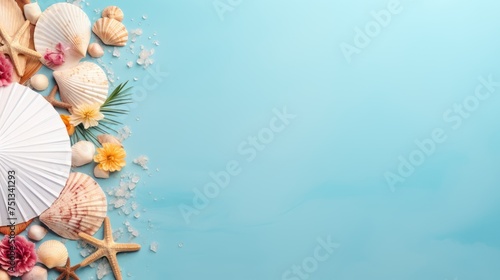 Artistic arrangement of seashells and a white fan on a blue background with space for text