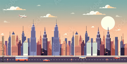 A city skyline with a bus and a plane flying in the sky. The sky is cloudy and the sun is setting. Vector illustration