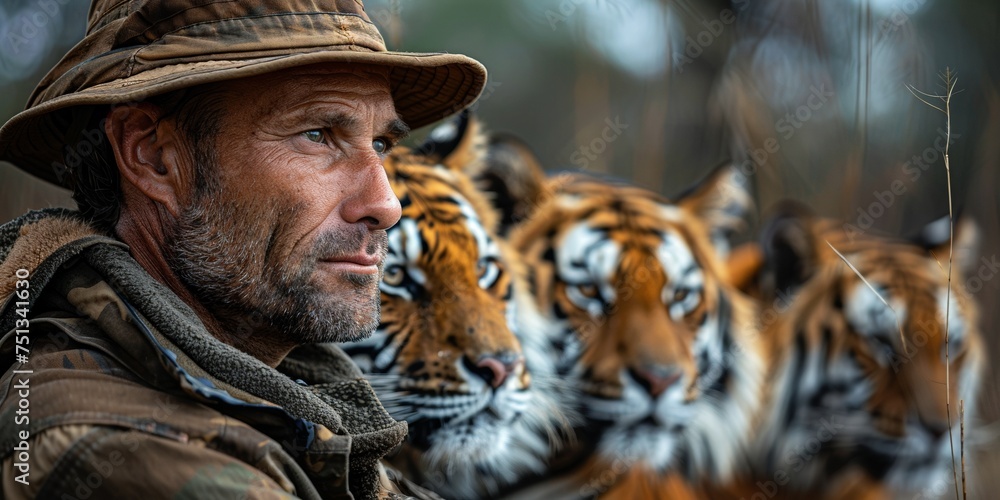 In the wilderness, a dedicated ranger faces a majestic Bengal tiger, highlighting wildlife protection.