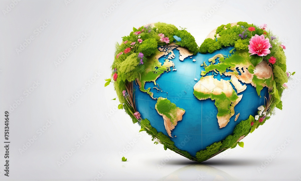 Fototapeta premium World Health Day concept heart shape world globe with blooming nature on white background
