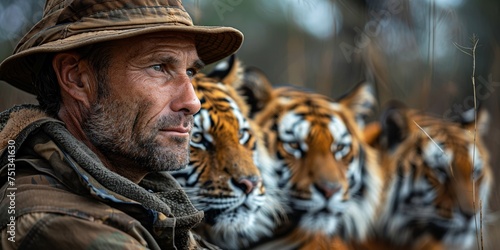 In the wilderness, a dedicated ranger faces a majestic Bengal tiger, highlighting wildlife protection.