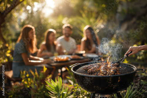 Friends enjoy a relaxed evening with a barbecue in a lush backyard setting