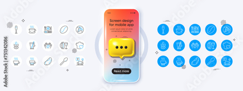 Phone mockup with 3d chat icon. Espresso, Love cooking and Pre-order food line icons. Pack of Gluten free, Coffee, Doppio icon. Spoon, Brazil nut, Cappuccino pictogram. Vector
