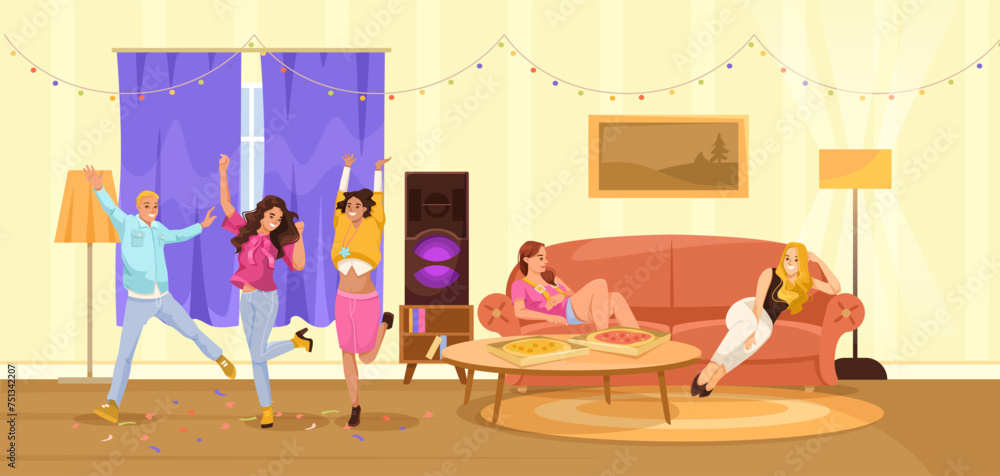 A group of people are having a party in a living room. There are two women dancing and two men standing. A pizza is on a table in the room. Vector illustration
