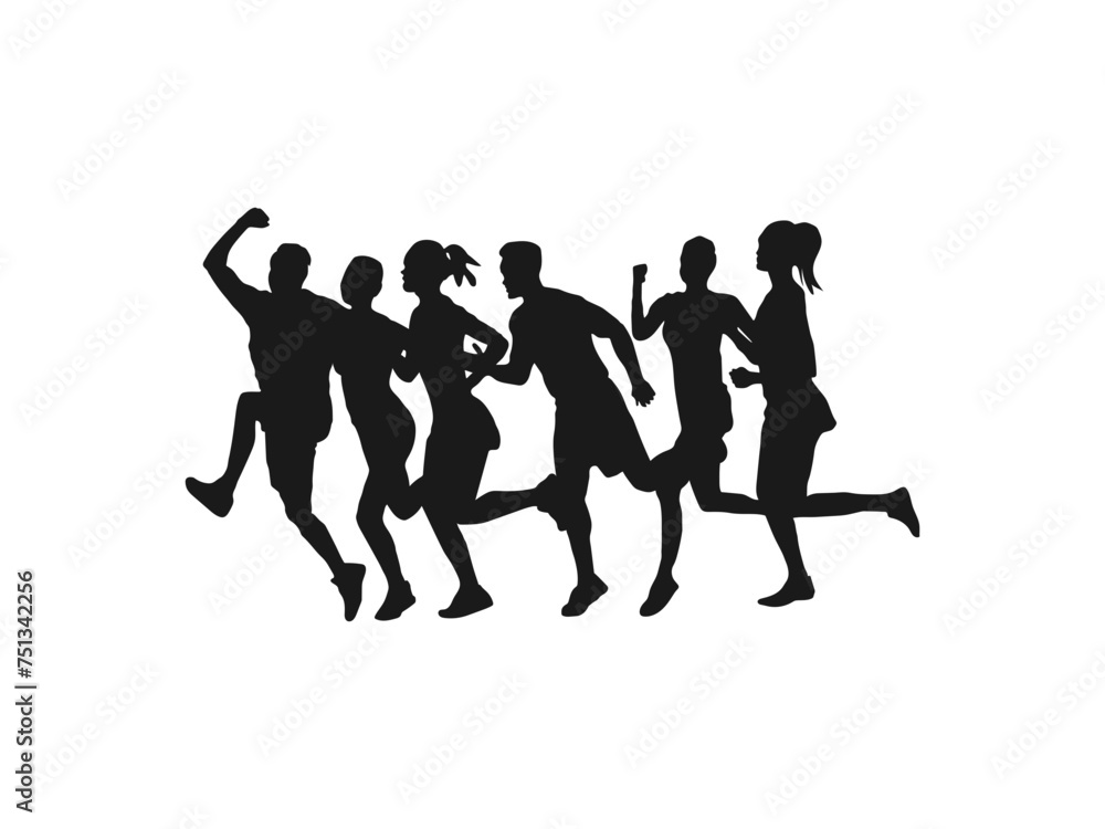 Men and Women jogging. set of running people, isolated vector silhouettes. Marathon race, sport and fitness design template with runners and athletes in flat style. isolated on white background.