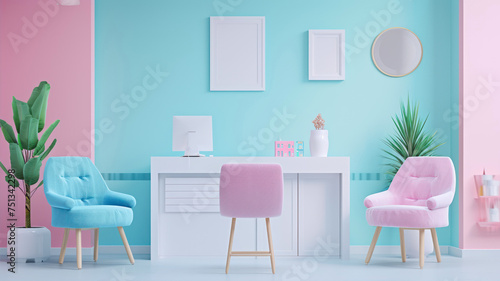 Interior of modern living room in pink and blue colors