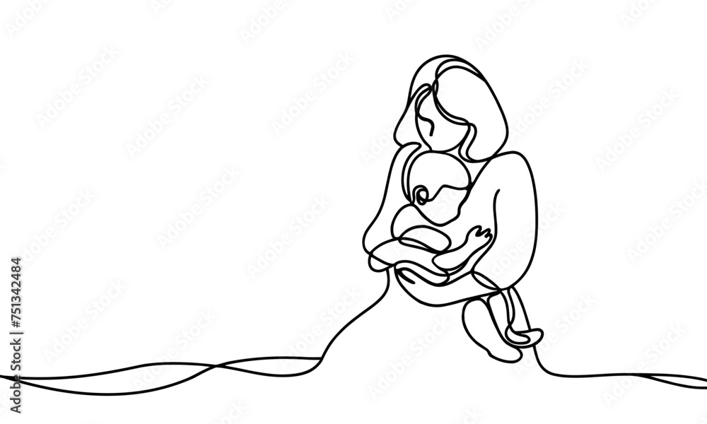 Vector image of a mother with a child in her arms, in a linear style. One line. Vector image of a mother with a child in her arms, in a linear style. One line.