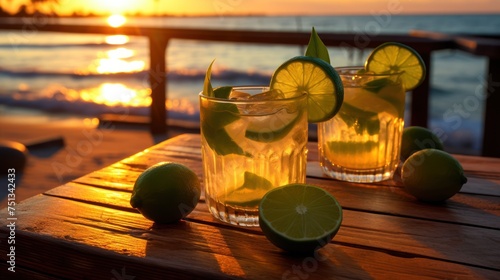Refreshing tropical drink garnished with lime on a beach at sunset