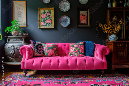 Interior of a living room with a pink sofa and colorful cushions