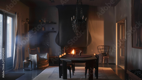 Interior of a hotel room with a fireplace, a chair and a table © Ira