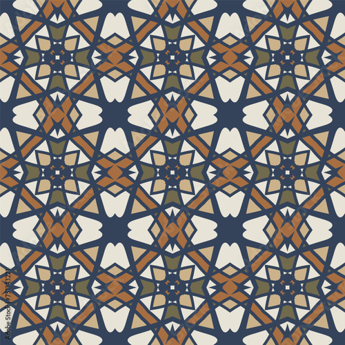 Bright color abstract geometric pattern in white blue orange beige, vector seamless