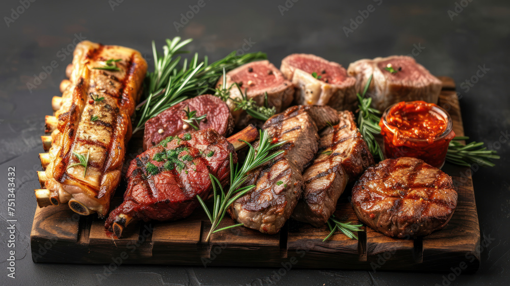 Succulent grilled steaks arrayed on a rustic wooden board, accompanied by fresh rosemary, cherry tomatoes, and a rich tomato sauce