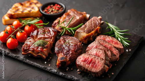 Succulent grilled steaks arrayed on a rustic wooden board, accompanied by fresh rosemary, cherry tomatoes, and a rich tomato sauce