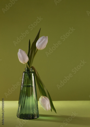 white tulips in green glass vase on green background
