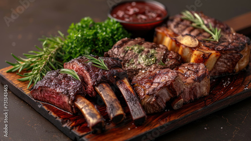 Succulent grilled steaks arrayed on a rustic wooden board, accompanied by fresh rosemary, cherry tomatoes, and a rich tomato sauce