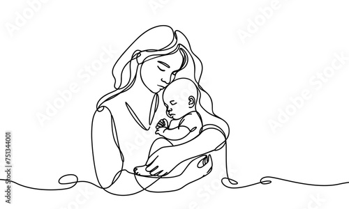 Vector image of a mother hugging a baby in her arms, in a linear style.