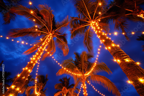 Palm trees are festooned with colorful garlands, enhancing the tropical ambiance. © Evgeniia