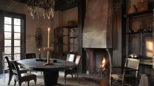 Interior of an old house with a fireplace. © Ira