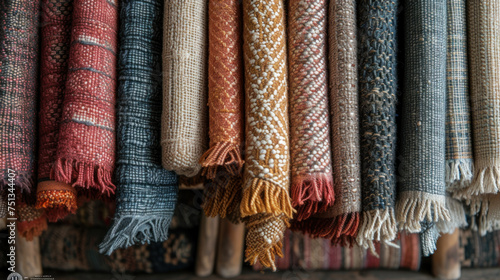 Close-up of variously textured textile throw blankets neatly stacked, showcasing a spectrum of warm colors and intricate weaves, with a focus on cozy home decor