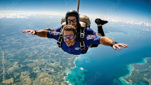 Two men are tandem skydiving with a clear blue sky above and a coastal area below