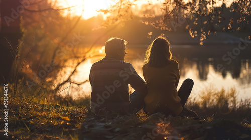 back view middle aged dad and teenage daughter sitting on the shore of a forest lake at sunset. Autumn landscape, calmness - AI Generated photo