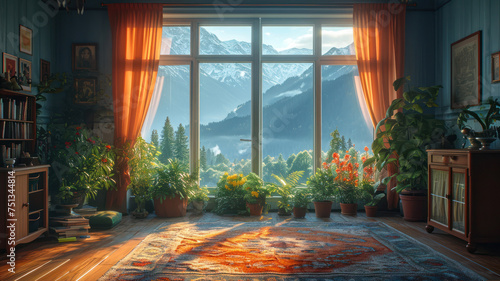 Interior of the room with a large window overlooking the mountains.