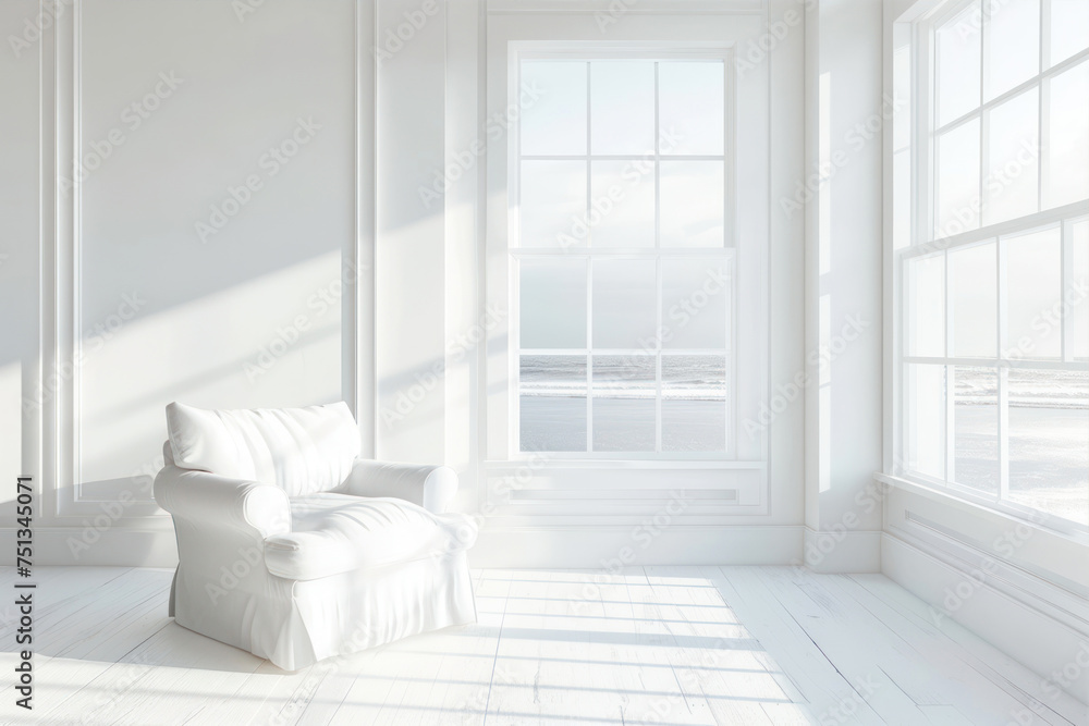 Fototapeta premium White living room interior with a large window and a white sofa.