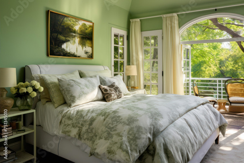 Interior of a modern bedroom with green wall and white bedding