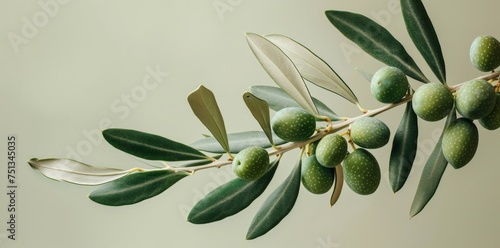Green olive branch with leaves and fruit on a green background, natural organic concept for healthy food and cooking ingredients photo
