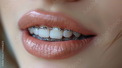 close-up of metal braces on her teeth undergoing orthodontic dental care
